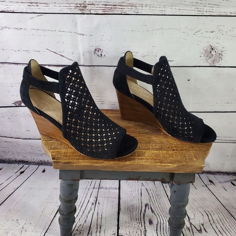 COLE HAAN Edie Suede Leather Wedge Bootie Open Toe Black Size 10 B